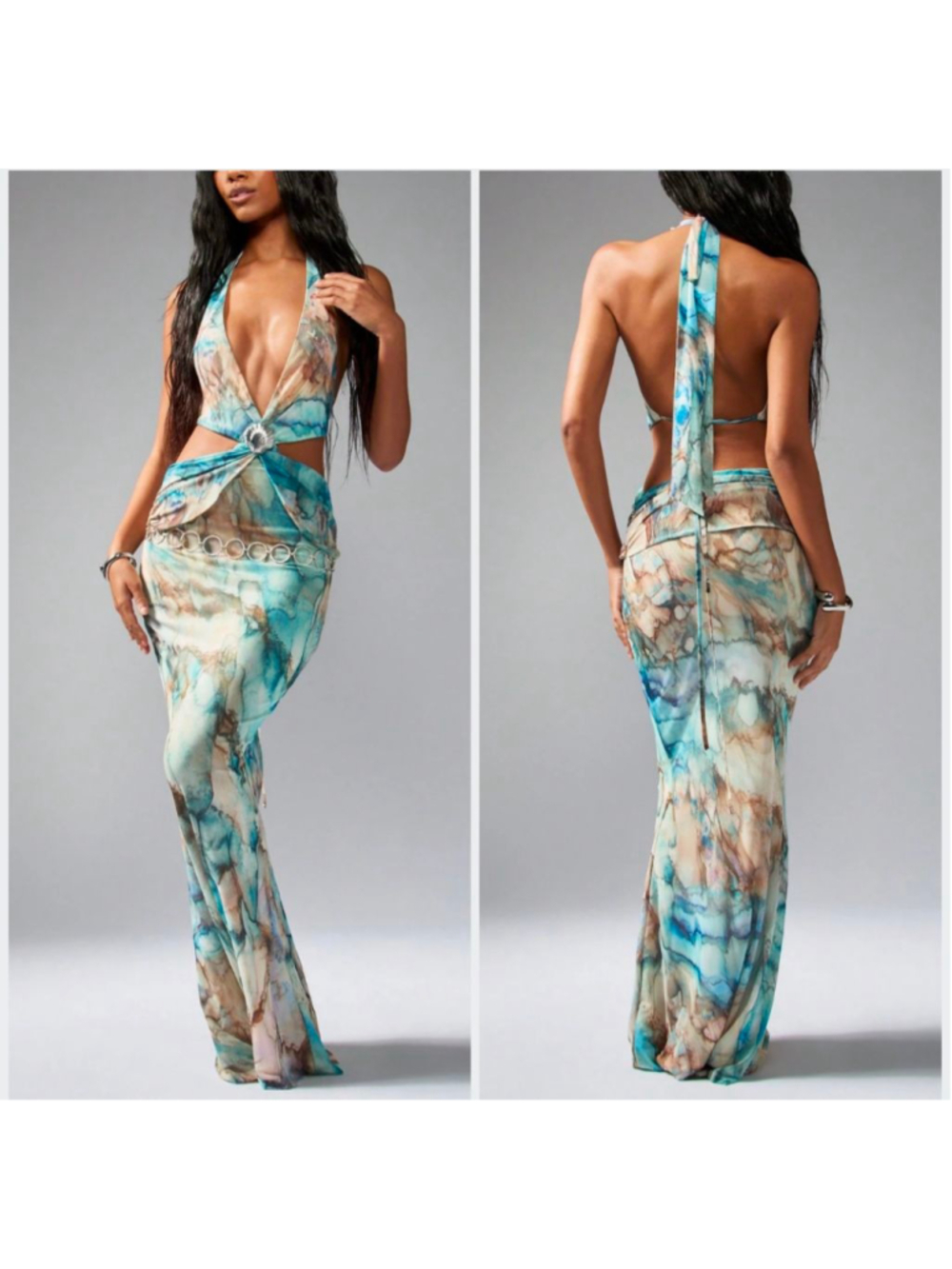 New Coastal Seashell Marble Watercolor Plunge Halter Maxi Dress M Cut Out Ocean